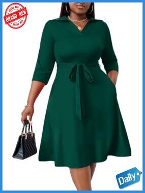 Plus Size Midi Dress for Women - Polo Collar Flutter Sleeve A-Line Swing Dress